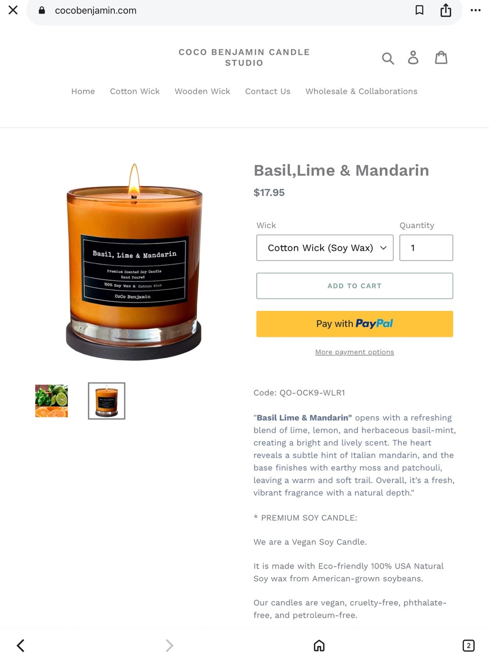 Basil, Lime & Mandarin Scented Candle